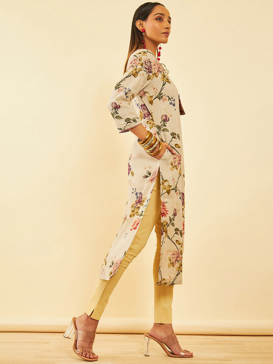 Soch Floral Printed Tie-Up Neck Linen Straight Kurta - Distacart