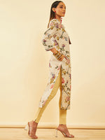 Thumbnail for Soch Floral Printed Tie-Up Neck Linen Straight Kurta - Distacart