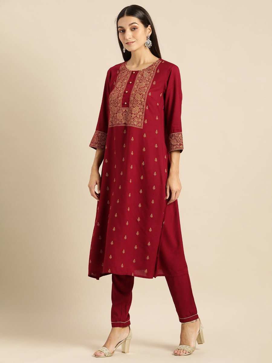 All About You Women Maroon Printed Kurta with Trousers - Distacart