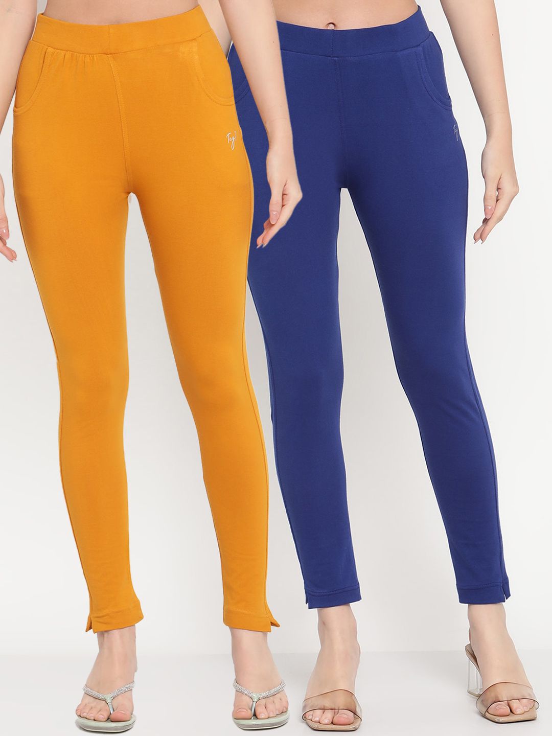 TAG 7 Women Blue & Mustard Yellow Pack of 2 Straight Fit Ankle-Length Leggings - Distacart