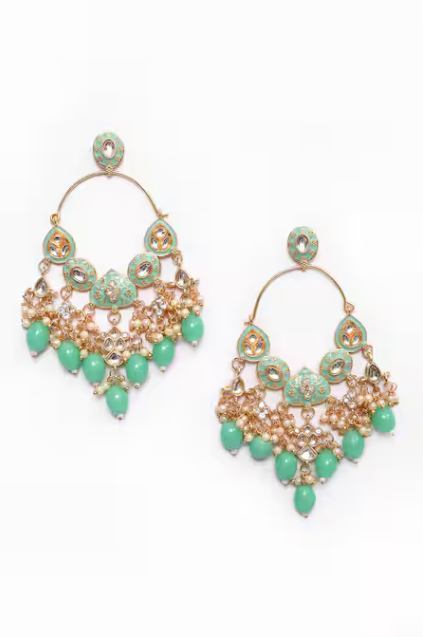 New Stylish Ethnic Partywear Light Green Hoops Kundan Earrings for Womens by House of Ree - Distacart