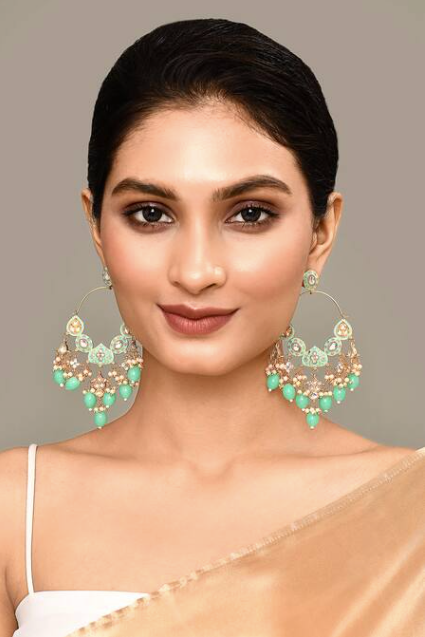 New Stylish Ethnic Partywear Light Green Hoops Kundan Earrings for Womens by House of Ree - Distacart