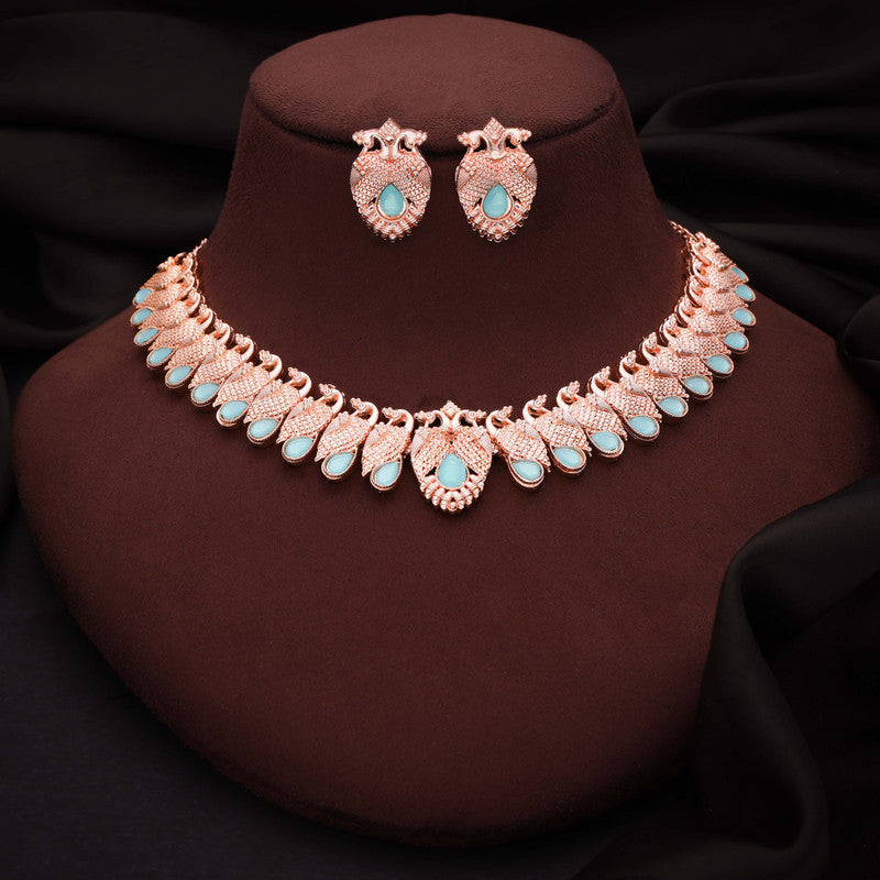 Tehzeeb Creations Rose Gold Sky Blue Colour Necklace With Pair Of Earrings - Distacart