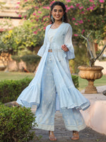 Thumbnail for Juniper Powder blue Ethnic Motif printed rayon Crop Top Palazzo & Shrug With Beads & Sequins Work - Distacart