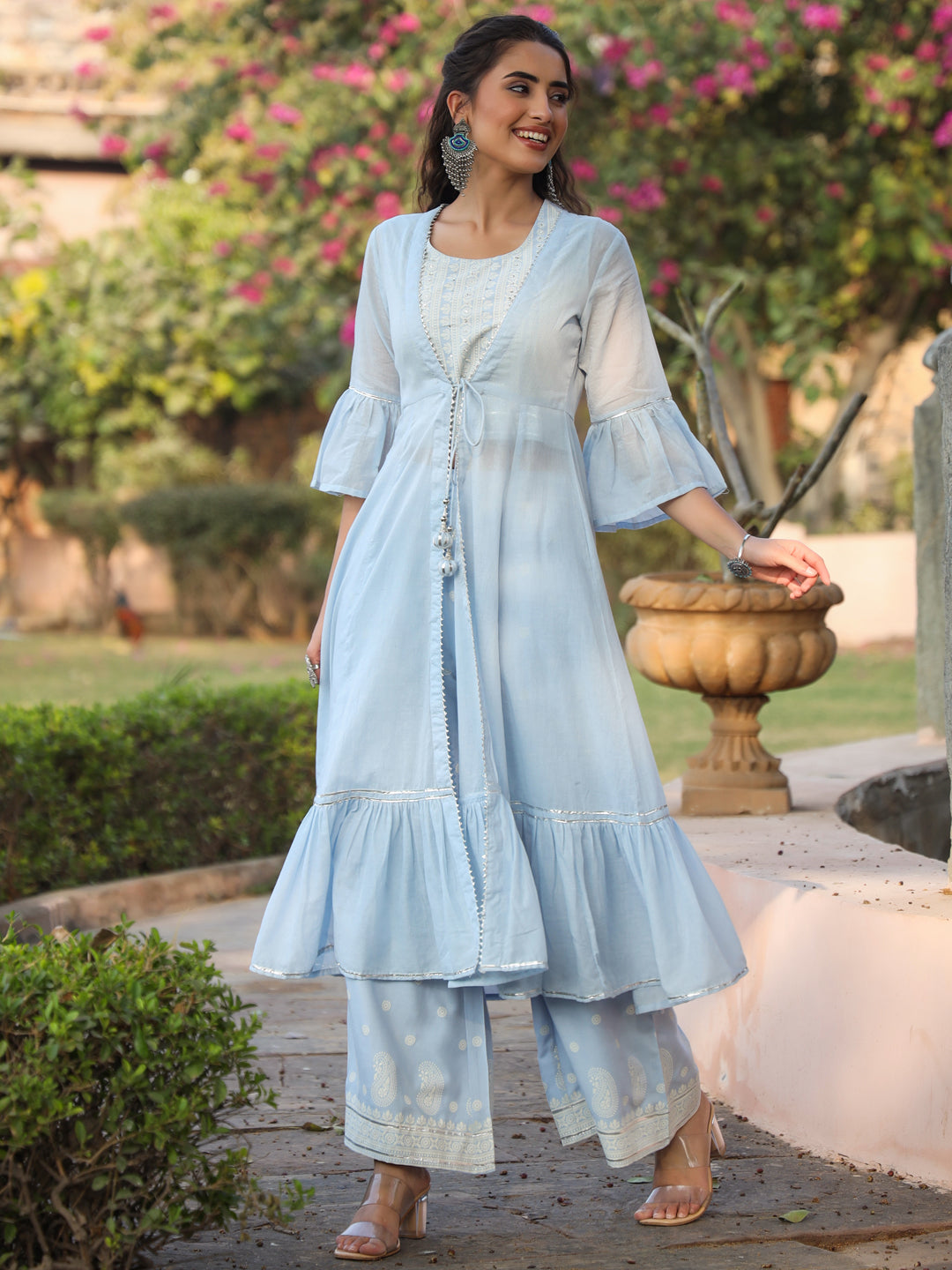 Juniper Powder blue Ethnic Motif printed rayon Crop Top Palazzo & Shrug With Beads & Sequins Work - Distacart