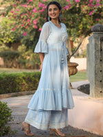 Thumbnail for Juniper Powder blue Ethnic Motif printed rayon Crop Top Palazzo & Shrug With Beads & Sequins Work - Distacart