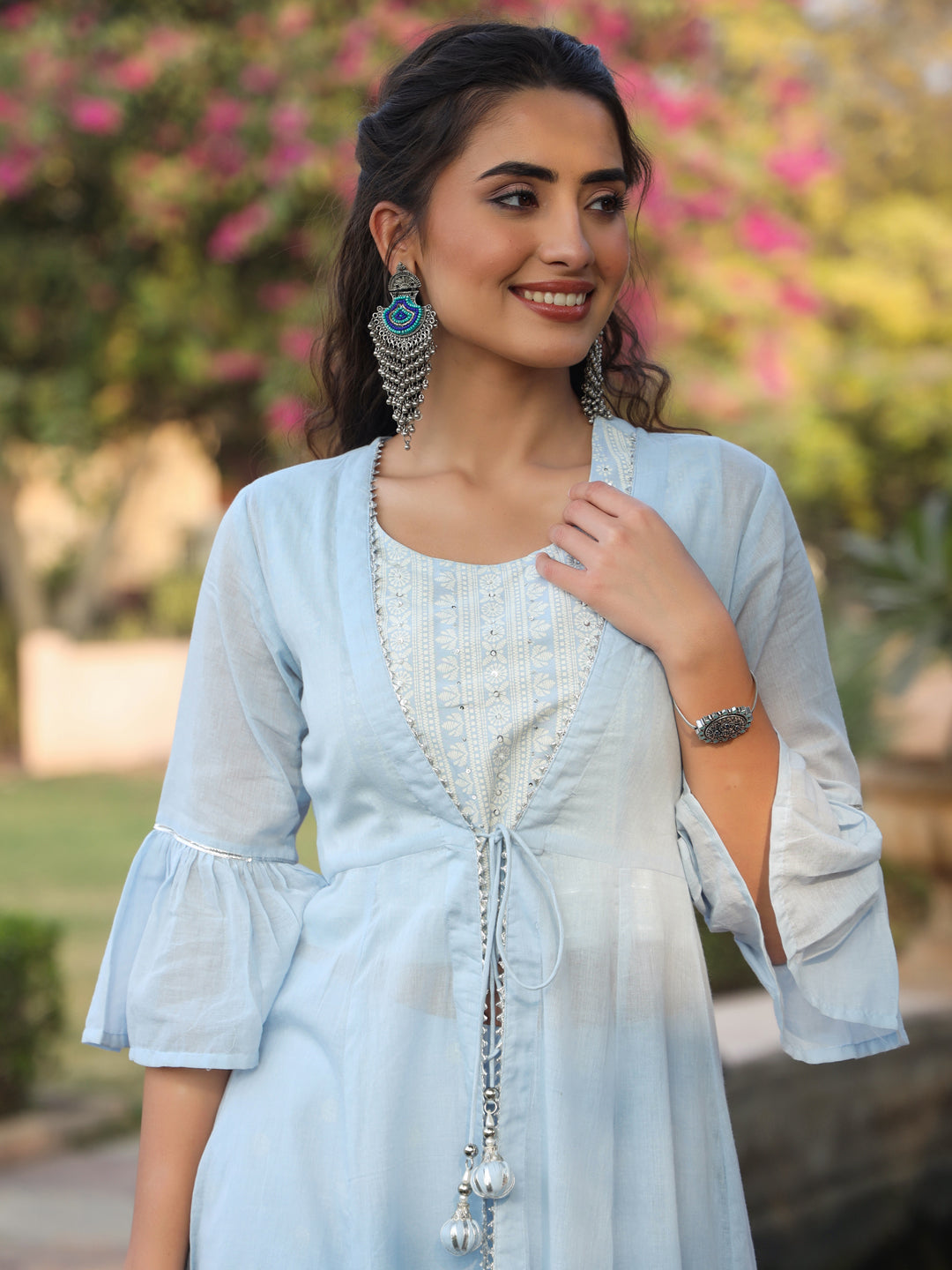 Juniper Powder blue Ethnic Motif printed rayon Crop Top Palazzo & Shrug With Beads & Sequins Work - Distacart