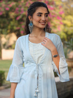 Thumbnail for Juniper Powder blue Ethnic Motif printed rayon Crop Top Palazzo & Shrug With Beads & Sequins Work - Distacart