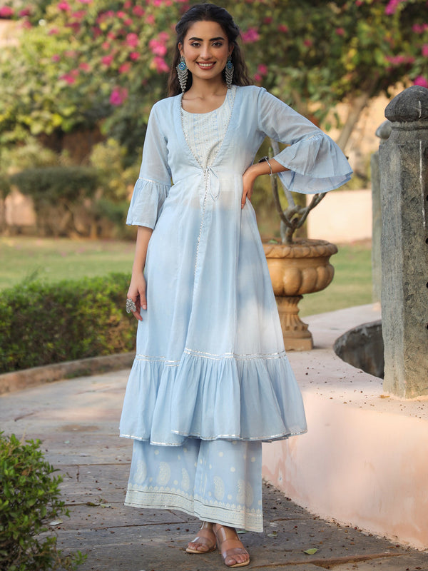 Juniper Powder blue Ethnic Motif printed rayon Crop Top Palazzo & Shrug With Beads & Sequins Work - Distacart