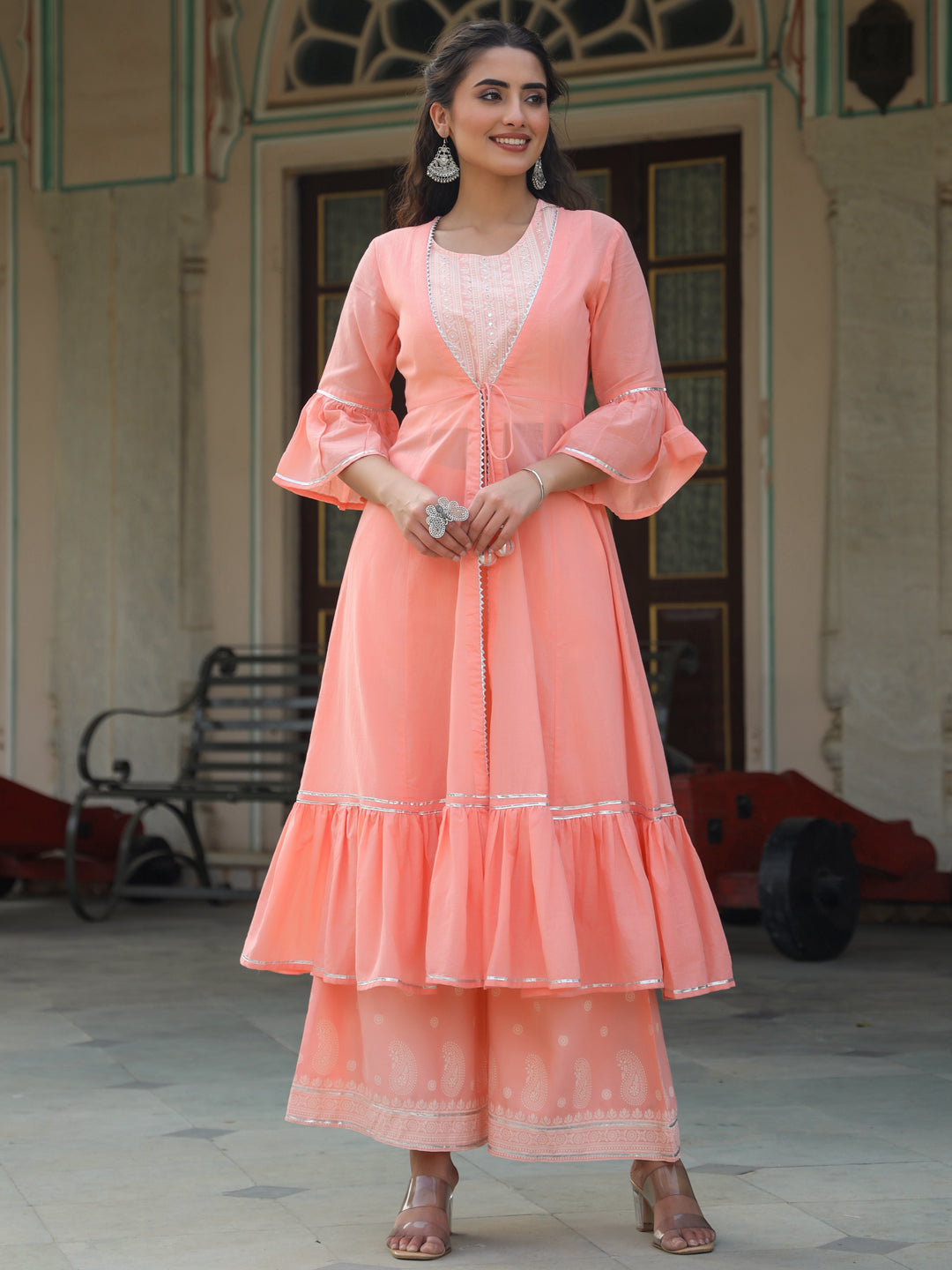 Juniper Peach Ethnic Motif Printed Rayon Crop Top Palazzo & Shrug With Beads & Sequins Work - Distacart