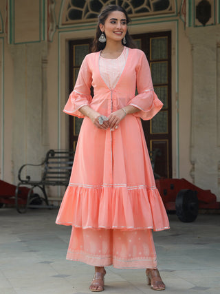 Juniper Peach Ethnic Motif Printed Rayon Crop Top Palazzo & Shrug With Beads & Sequins Work - Distacart