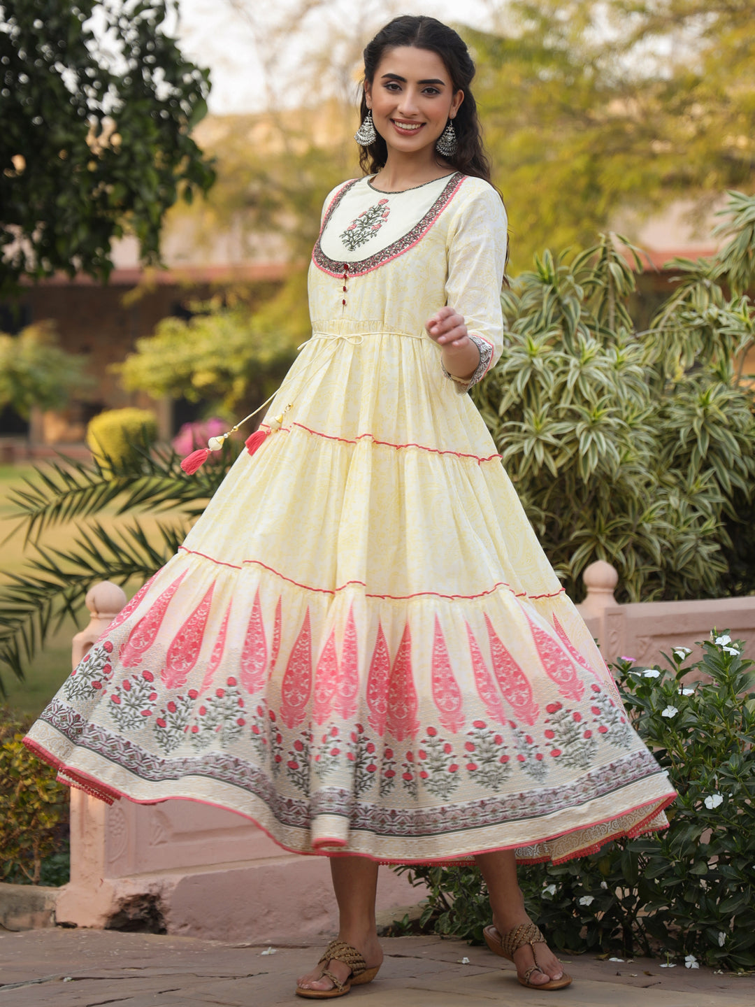 Juniper Yellow Ethnic Motif Printed Cotton Voile Maxi Dress With Thread Embroidery - Distacart