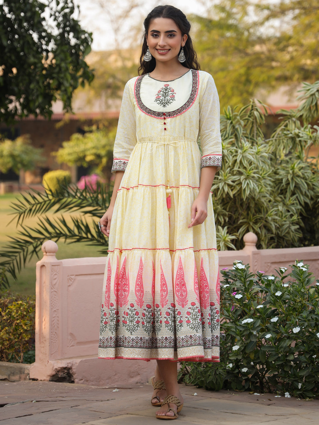 Juniper Yellow Ethnic Motif Printed Cotton Voile Maxi Dress With Thread Embroidery - Distacart