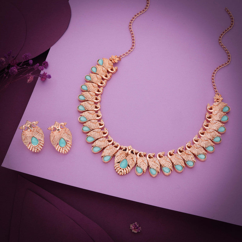 Tehzeeb Creations Rose Gold Sky Blue Colour Necklace With Pair Of Earrings - Distacart
