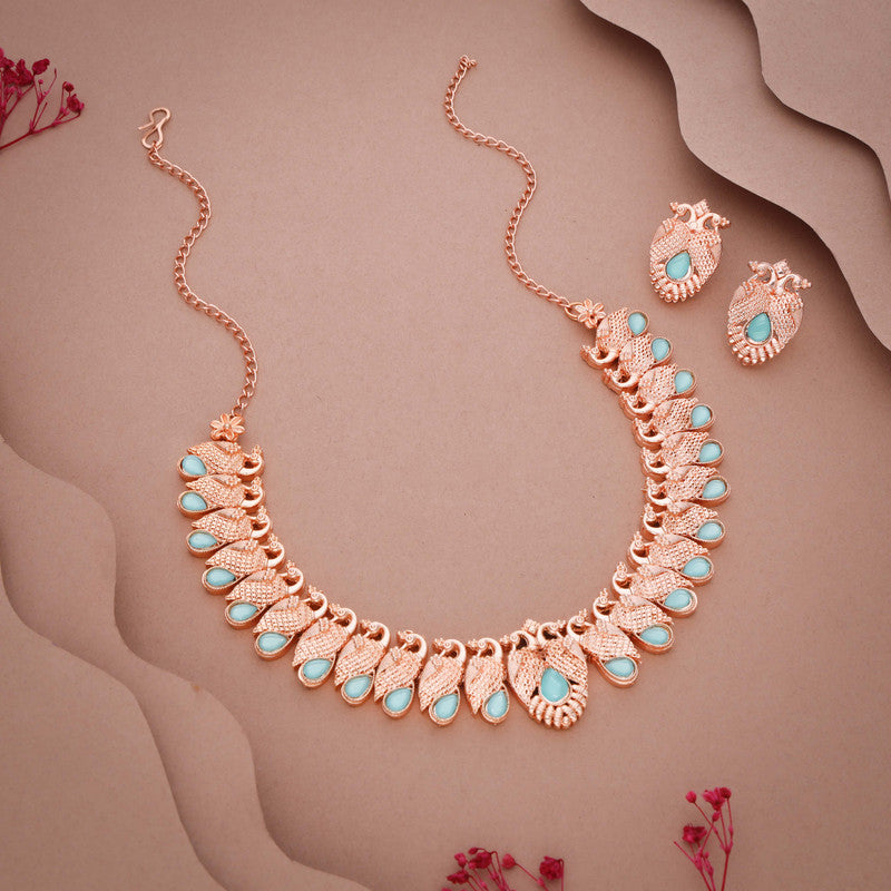 Tehzeeb Creations Rose Gold Sky Blue Colour Necklace With Pair Of Earrings - Distacart