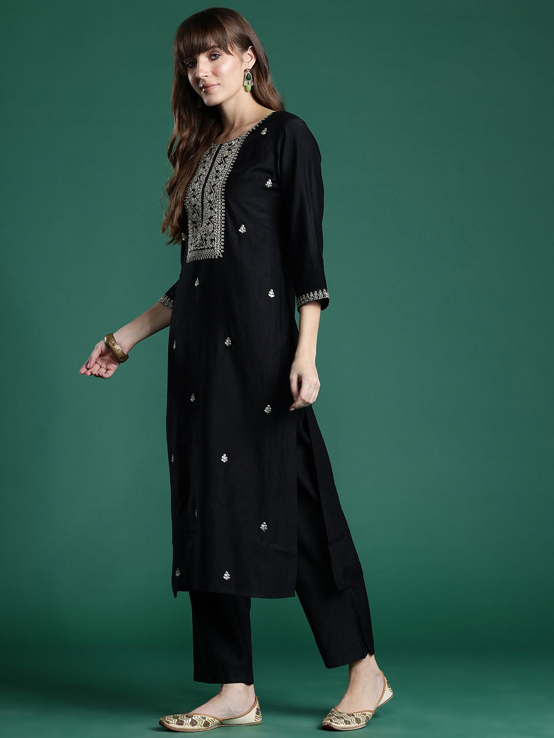 Indo Era Ethnic Motifs Zari Embroidered Liva Kurta With Trousers & Dupatta