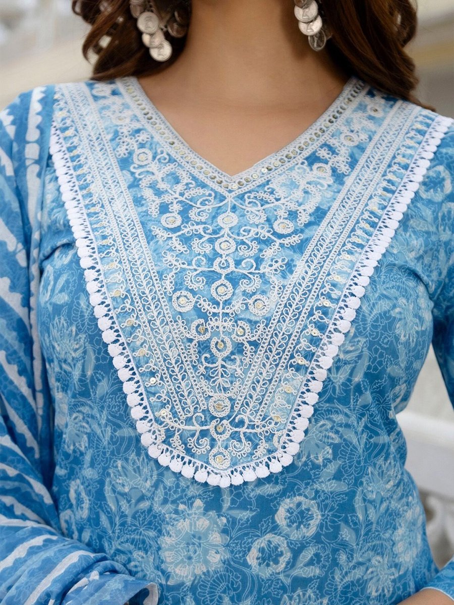 Anouk Floral Embroidered Regular Mirror Work Pure Cotton Kurta with Patiala & Dupatta - Distacart