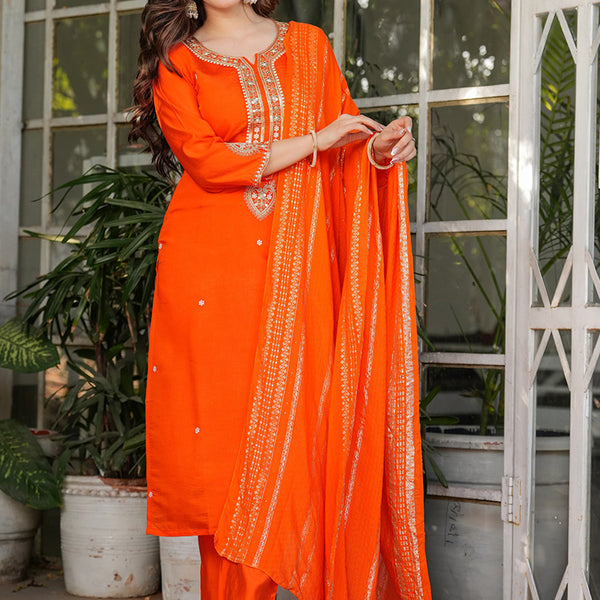 Vellora Viscose Chanderi Orange Festival Wear Sequins Work Readymade Suit