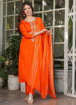 Thumbnail for Vellora Viscose Chanderi Orange Festival Wear Sequins Work Readymade Suit