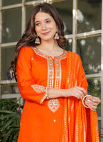 Thumbnail for Vellora Viscose Chanderi Orange Festival Wear Sequins Work Readymade Suit