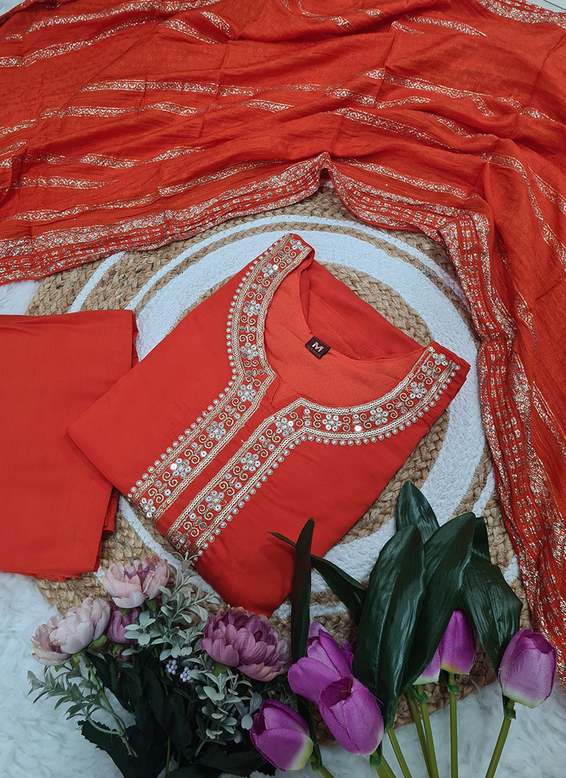 Vellora Viscose Chanderi Orange Festival Wear Sequins Work Readymade Suit