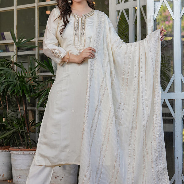 Vellora Viscose Chanderi White Festival Wear Sequins Work Readymade Suit - Distacart