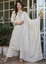 Thumbnail for Vellora Viscose Chanderi White Festival Wear Sequins Work Readymade Suit