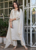 Thumbnail for Vellora Viscose Chanderi White Festival Wear Sequins Work Readymade Suit
