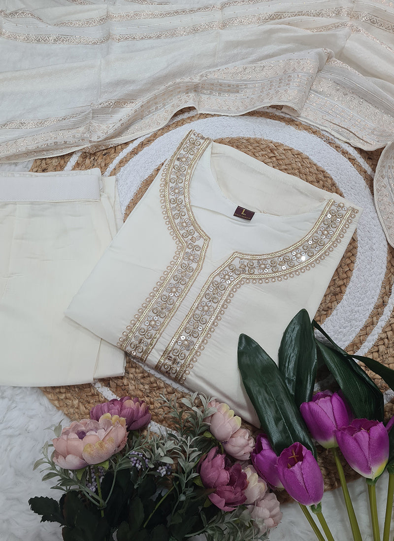 Vellora Viscose Chanderi White Festival Wear Sequins Work Readymade Suit