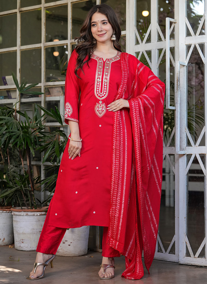 Vellora Viscose Chanderi Red Festival Wear Sequins Work Readymade Suit