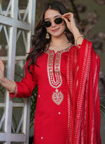 Thumbnail for Vellora Viscose Chanderi Red Festival Wear Sequins Work Readymade Suit