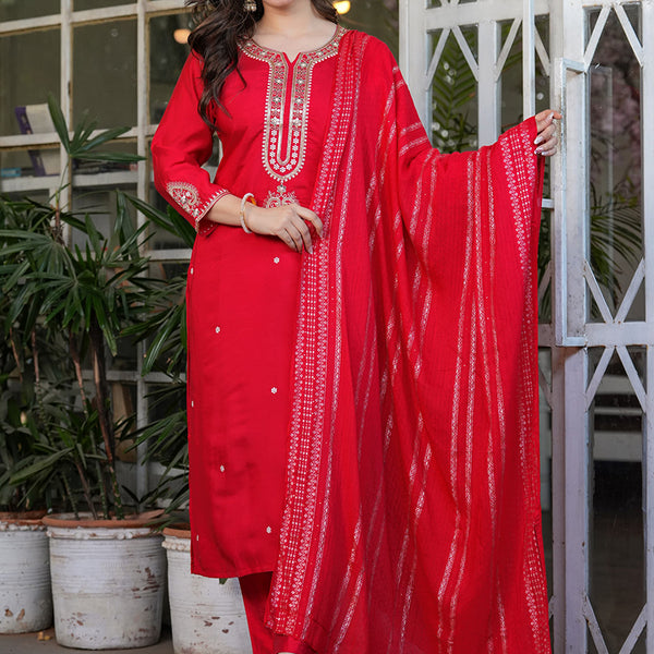 Vellora Viscose Chanderi Red Festival Wear Sequins Work Readymade Suit - Distacart