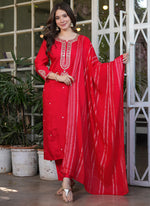 Thumbnail for Vellora Viscose Chanderi Red Festival Wear Sequins Work Readymade Suit