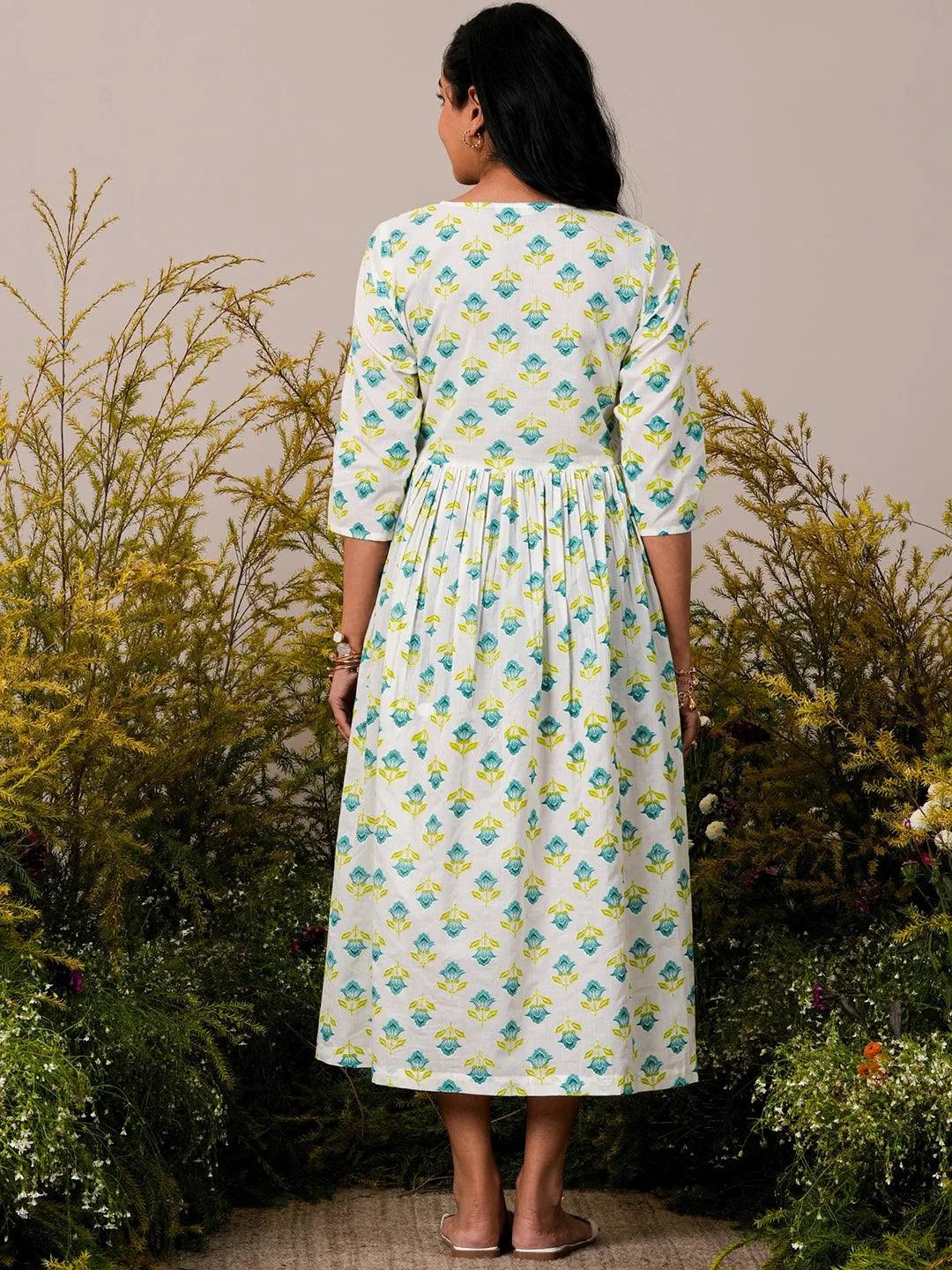 Libas White Printed Cotton Fit and Flare Dress