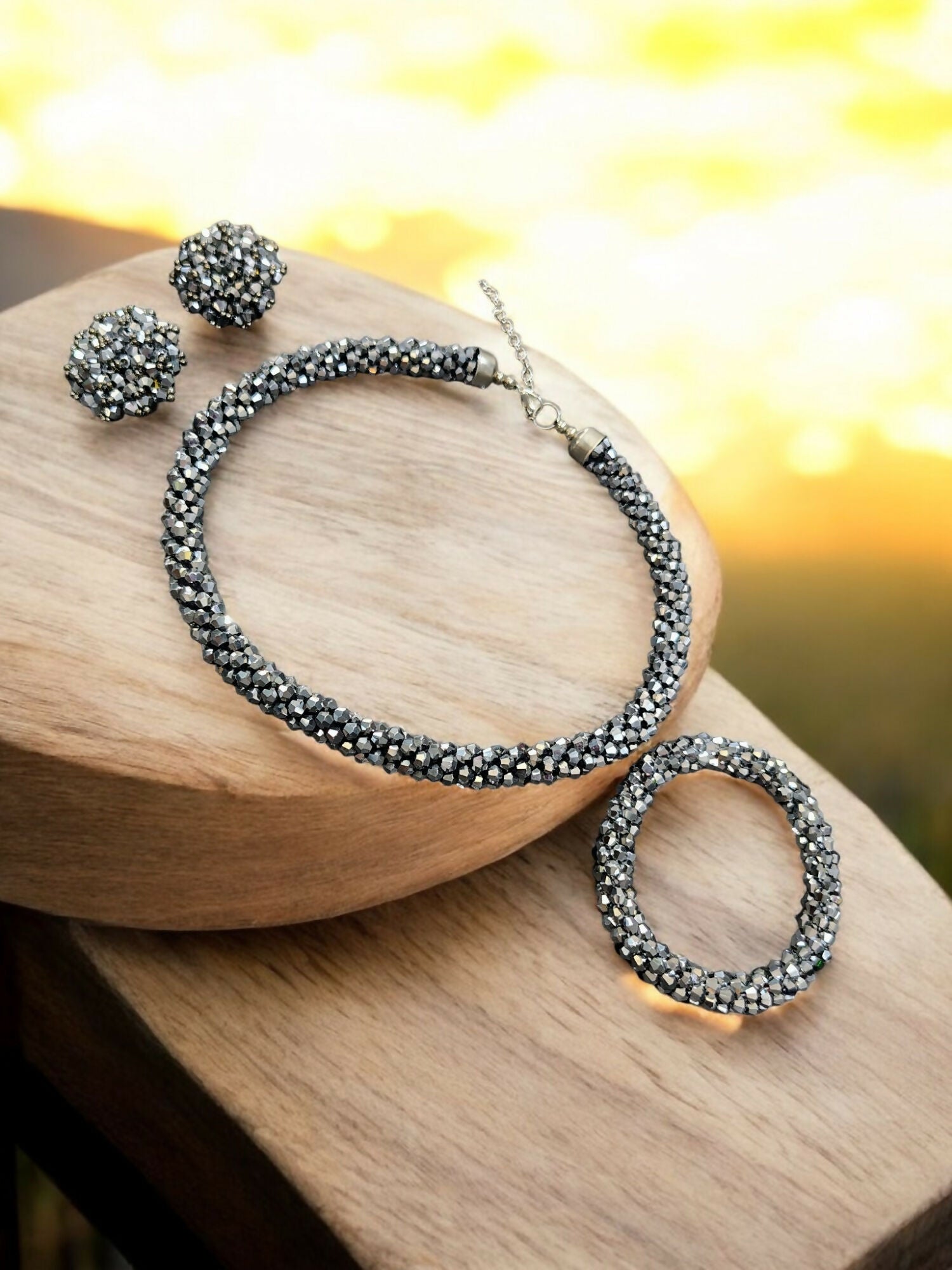 Inhanns Complete Look Crystal Statement 3-Piece Set (Adjustable Necklace + Earrings + Adjustable Bangle ) - Silver - Distacart