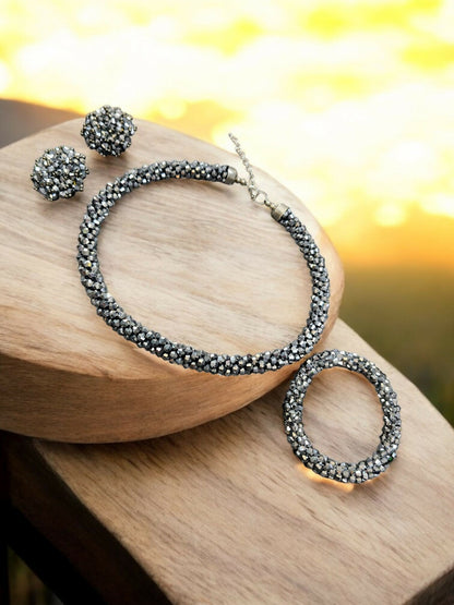 Inhanns Complete Look Crystal Statement 3-Piece Set (Adjustable Necklace + Earrings + Adjustable Bangle ) - Silver - Distacart