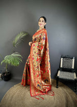 Thumbnail for Joban Fashion Crimson Red Intricate Floral & Leaf Soft Silk Paithani Saree - Distacart