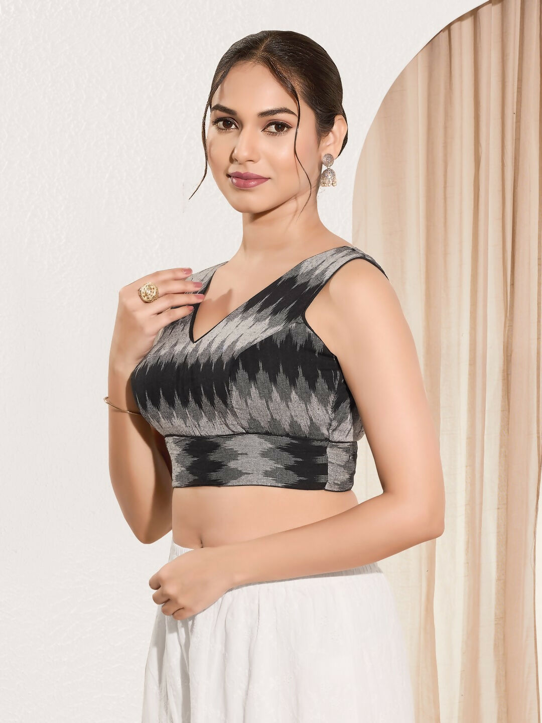 Joban Fashion Black Ikat Silk Padded Blouse With V Neck Sleeveless