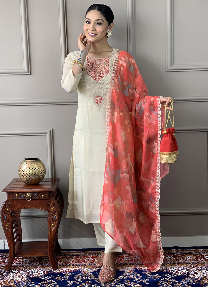 Vellora Pv Chanderi White Casual Wear Embroidery Work Readymade Suit