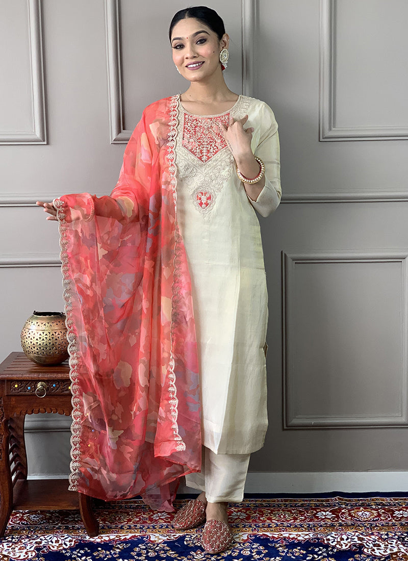 Vellora Pv Chanderi White Casual Wear Embroidery Work Readymade Suit