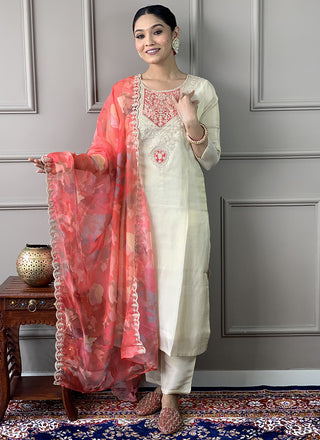 Vellora Pv Chanderi White Casual Wear Embroidery Work Readymade Suit