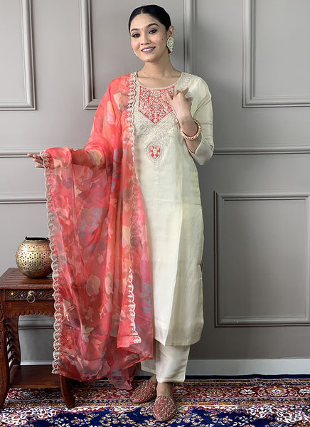 Vellora Pv Chanderi White Casual Wear Embroidery Work Readymade Suit