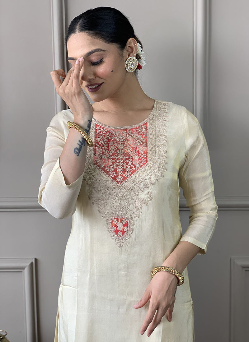 Vellora Pv Chanderi White Casual Wear Embroidery Work Readymade Suit