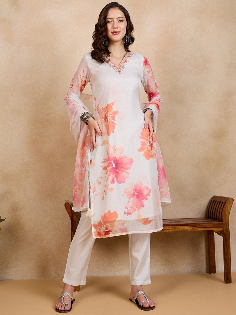 Anouk White Floral Printed Regular Straight Kurta With Trousers & Dupatta