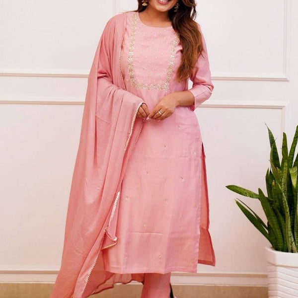 Vellora Rayon Slub Light Pink Casual Wear Embroidery Work Readymade Kurti Set - Distacart