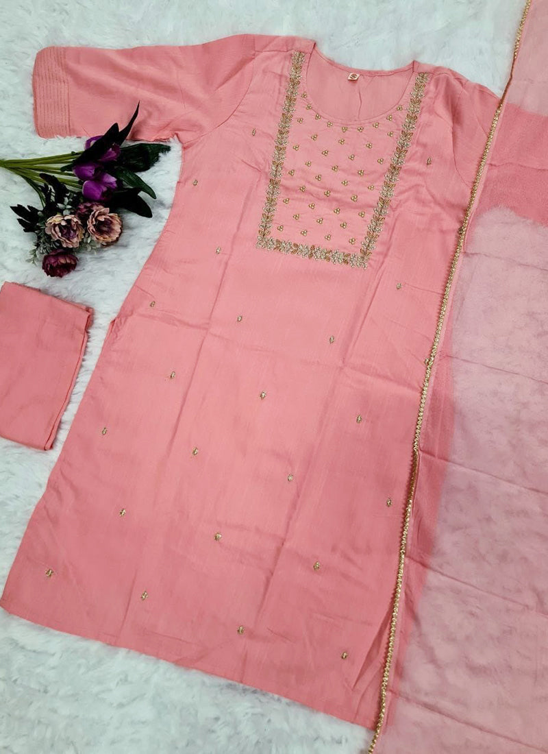 Vellora Rayon Slub Light Pink Casual Wear Embroidery Work Readymade Kurti Set