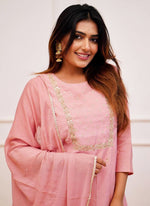 Thumbnail for Vellora Rayon Slub Light Pink Casual Wear Embroidery Work Readymade Kurti Set