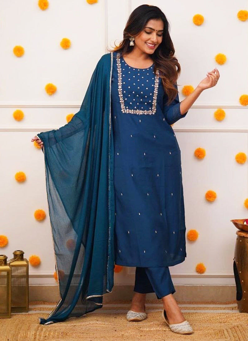 Vellora Rayon Slub Navy Blue Casual Wear Embroidery Work Readymade Kurti Set - Distacart