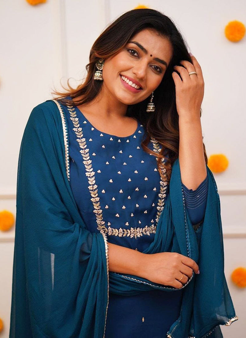 Vellora Rayon Slub Navy Blue Casual Wear Embroidery Work Readymade Kurti Set