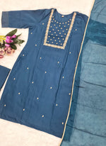 Thumbnail for Vellora Rayon Slub Navy Blue Casual Wear Embroidery Work Readymade Kurti Set